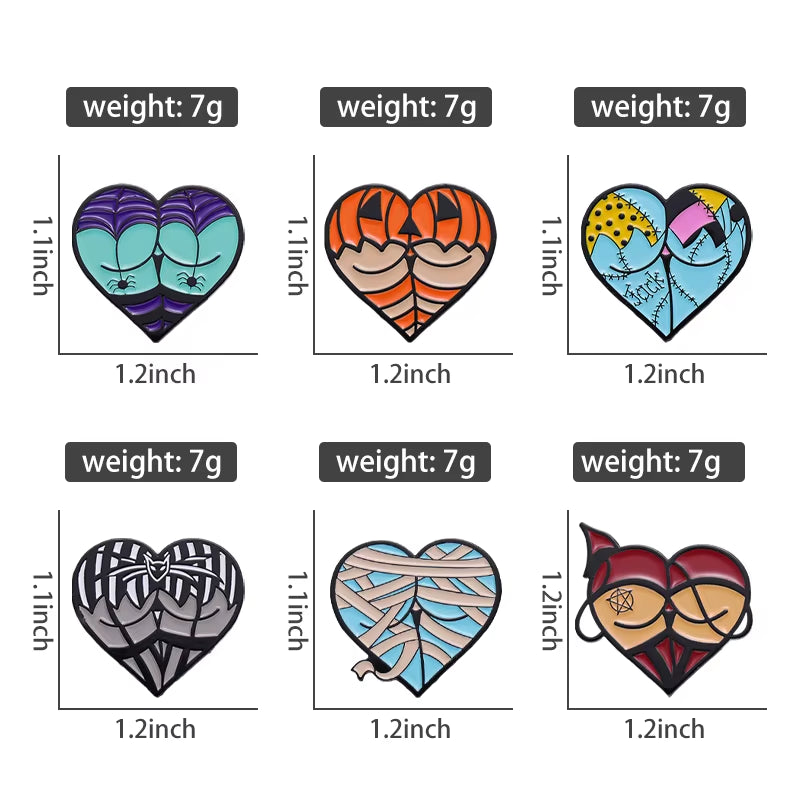 Halloween Sexy Butts Enamel Pins Heart Shaped Cosplay Brooches Lapel Badges Punk Gothic Jewelry Gift for Friends Wholesale